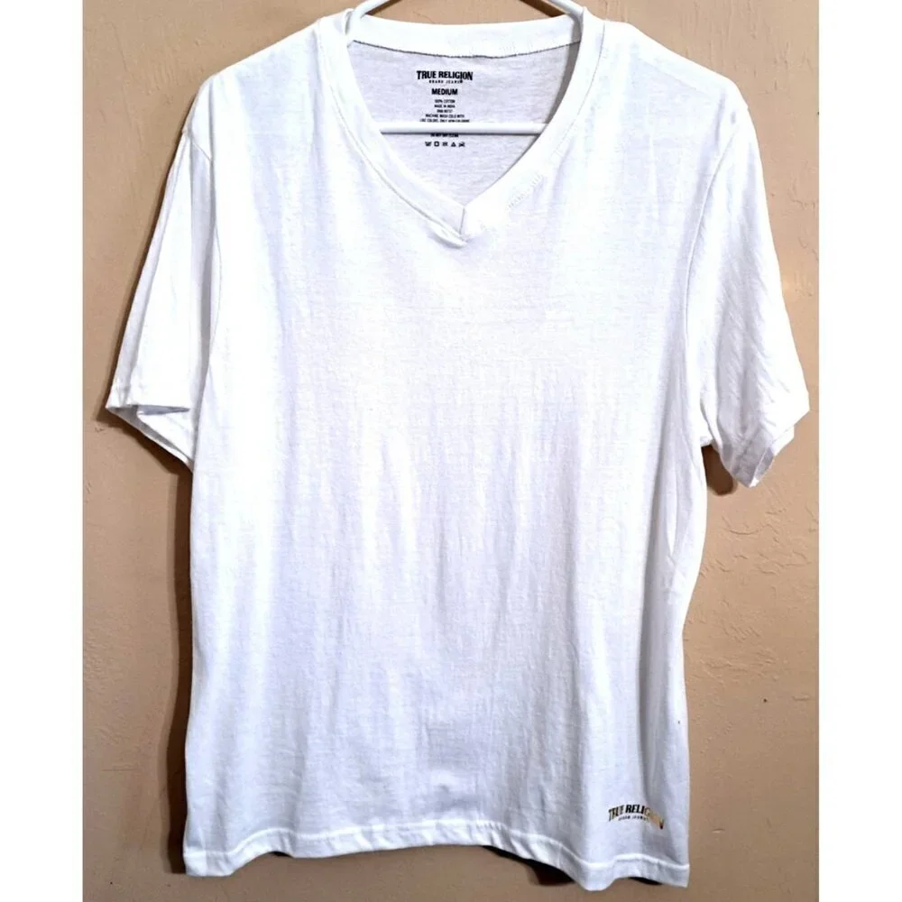 True Religion Men's M White Short Sleeve T-Shirt Gold Logo